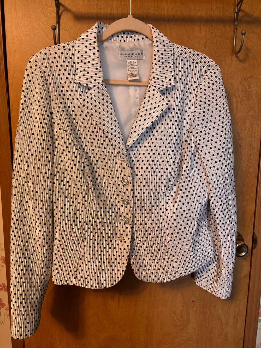 Jackie Jon White Blazer with Black Dot-Stripe Pattern